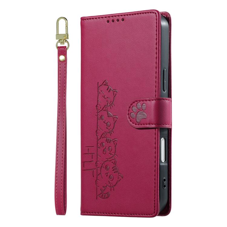 For iPhone 16 Pro Cute Cats Magnetic Closure Vegan Leather Phone Case with Strap