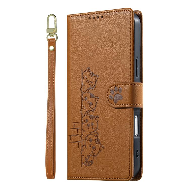 For iPhone 16 Plus Cute Cats Magnetic Closure Vegan Leather Phone Case with Strap