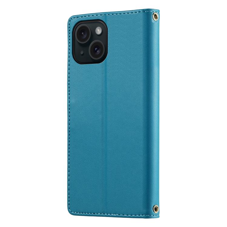 For iPhone 15 Cute Cats Magnetic Closure Vegan Leather Phone Case with Strap