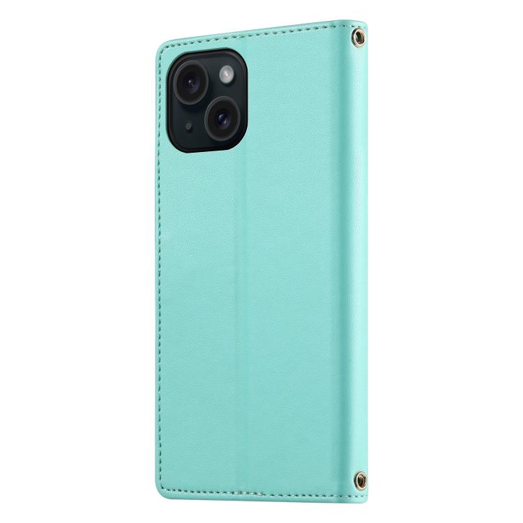 For iPhone 15 Cute Cats Magnetic Closure Vegan Leather Phone Case with Strap