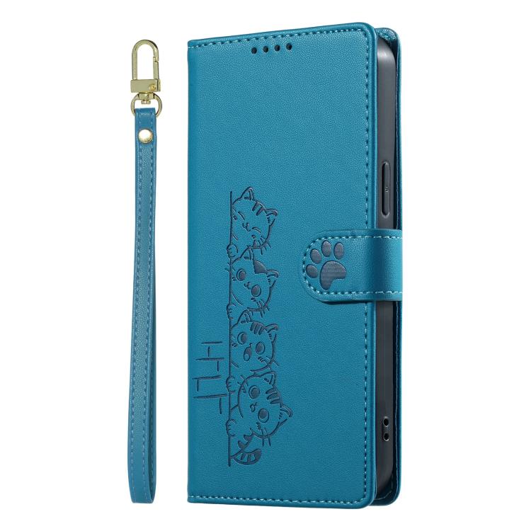 For iPhone 14 Plus Cute Cats Magnetic Closure Vegan Leather Phone Case with Strap