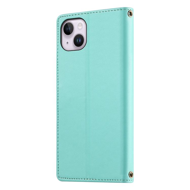 For iPhone 14 Plus Cute Cats Magnetic Closure Vegan Leather Phone Case with Strap