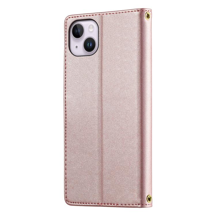 For iPhone 14 Plus Cute Cats Magnetic Closure Vegan Leather Phone Case with Strap