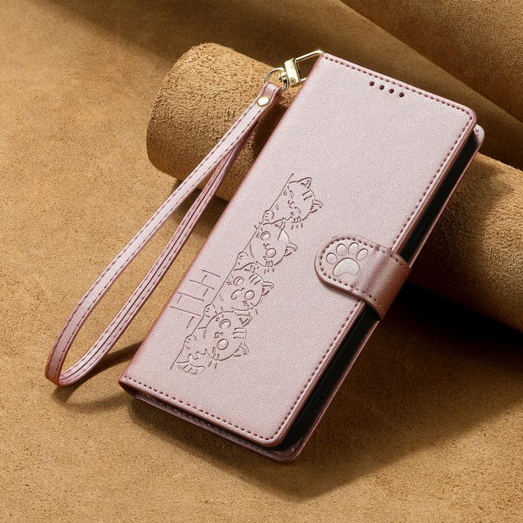 For iPhone 14 Plus Cute Cats Magnetic Closure Vegan Leather Phone Case with Strap