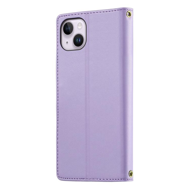 For iPhone 14 Plus Cute Cats Magnetic Closure Vegan Leather Phone Case with Strap