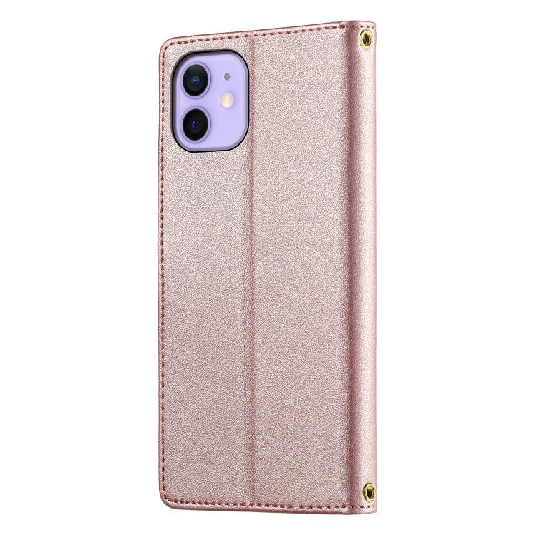 For iPhone 12 / 12 Pro Cute Cats Magnetic Closure Vegan Leather Phone Case with Strap