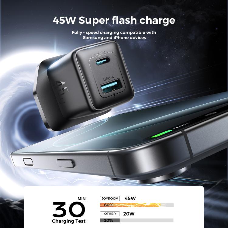 JOYROOM JR-TG8 45W USB and Type-C Dual Interface GaN Fast Charger, Plug:UK Plug - Black