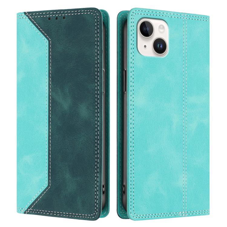 For iPhone 14 Plus Skin Feel Two-tone RFID Blocking Vegan Leather Phone Case