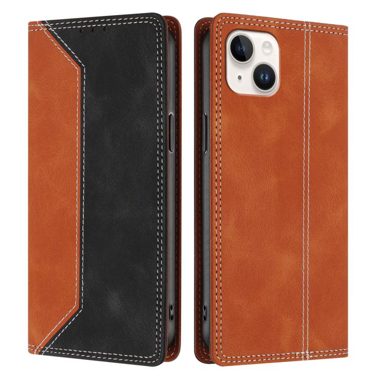 For iPhone 14 Plus Skin Feel Two-tone RFID Blocking Vegan Leather Phone Case