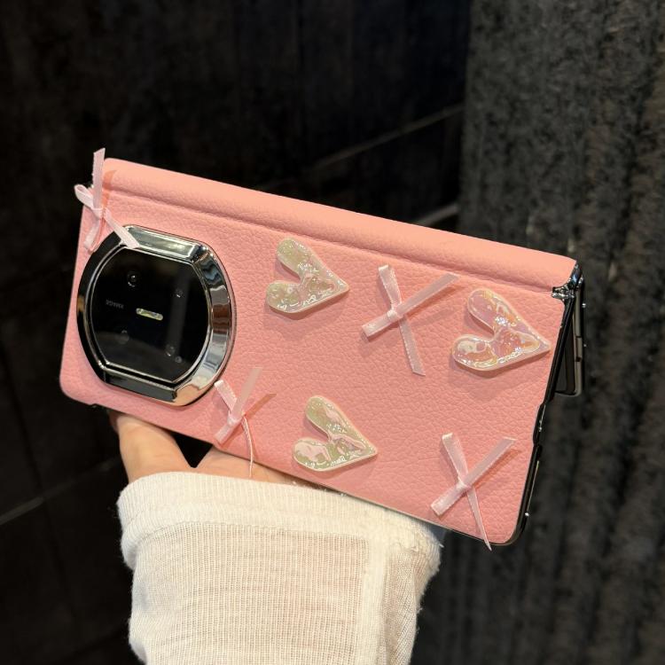 For Huawei Mate X7 Litchi Texture Heart-shaped Bow Pattern Vegan Leather Phone Case - Pink