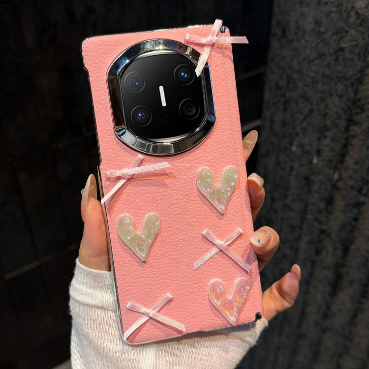For Huawei Mate X6 Litchi Texture Heart-shaped Bow Pattern Vegan Leather Phone Case with Frame - Pink