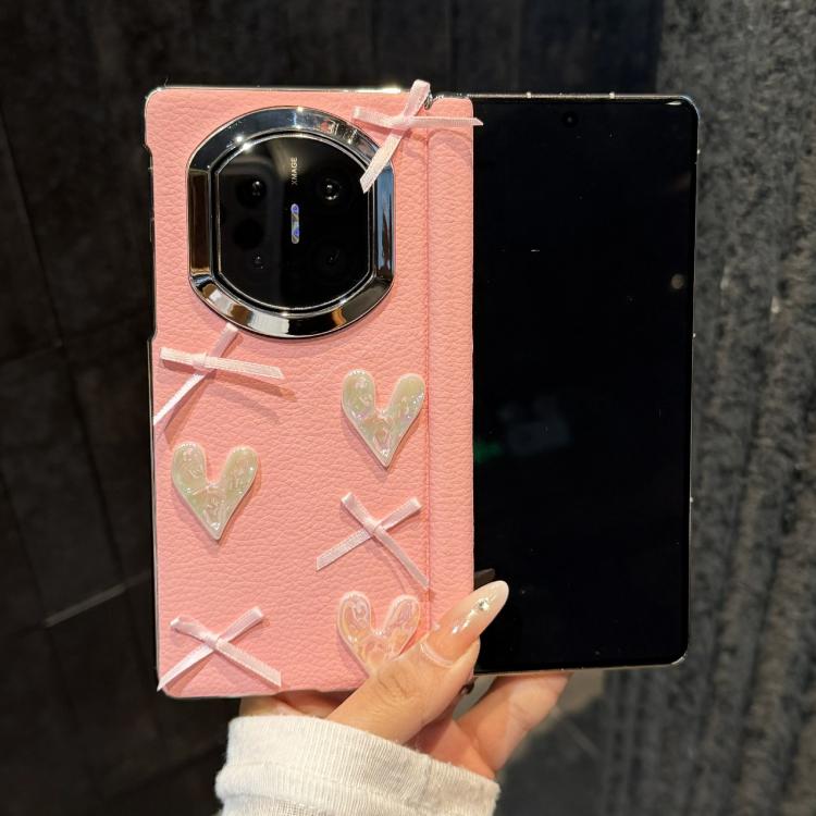 For Huawei Mate X6 Litchi Texture Heart-shaped Bow Pattern Vegan Leather Phone Case with Frame - Pink