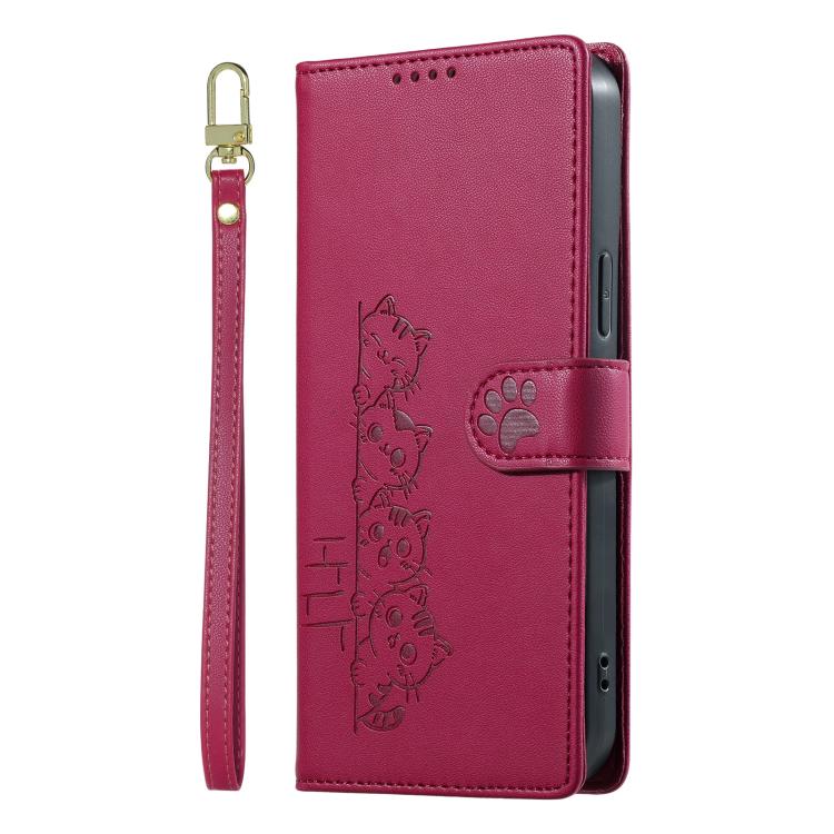 For Galaxy S23+ 5G Cute Cats Magnetic Closure Vegan Leather Phone Case with Strap