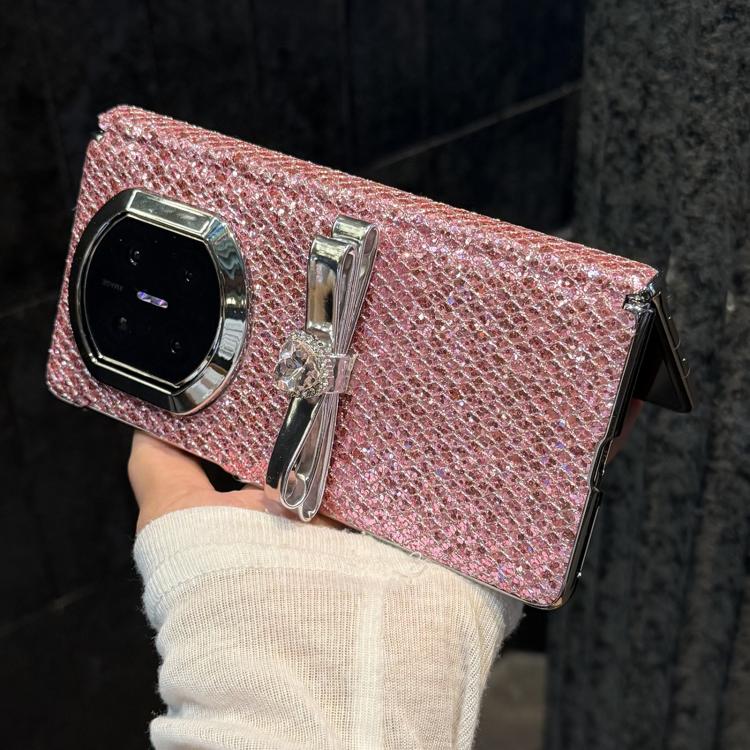 For Huawei Mate X6 Sparkling Glitter Zircon Bow Decoration Shockproof Phone Case - Pink