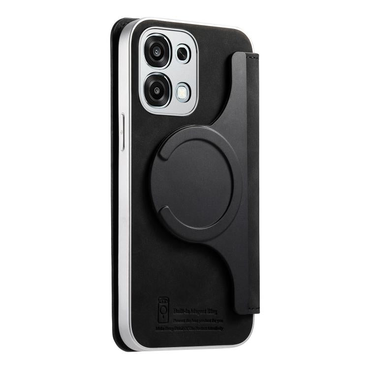 For OPPO A6 5G CaseNeo Precision Hole Silver-Edged Magnetic Zipper Wallet Cross-Grain Vegan Leather Phone Case