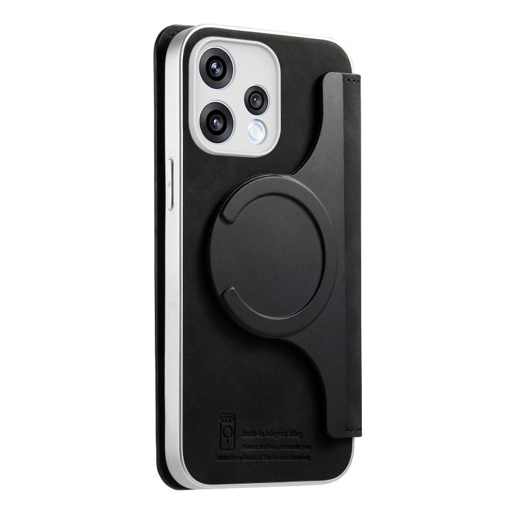 For OPPO Reno15 Global CaseNeo Precision Hole Silver-Edged Magnetic Zipper Wallet Cross-Grain Vegan Leather Phone Case