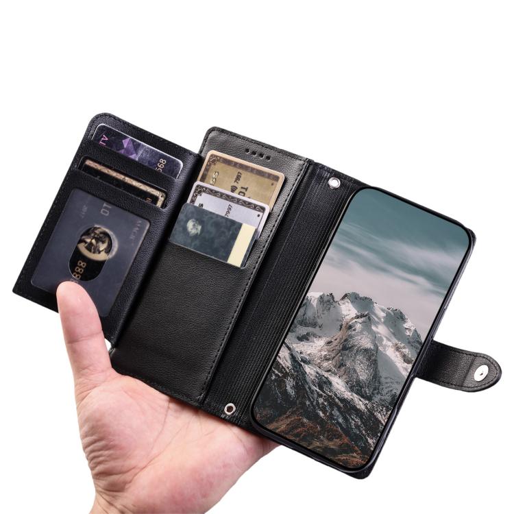 For Google Pixel 10 / 10 Pro / 9 Litchi Texture Zipper Wallet Buckle Vegan Leather Phone Case with Wrist Strap