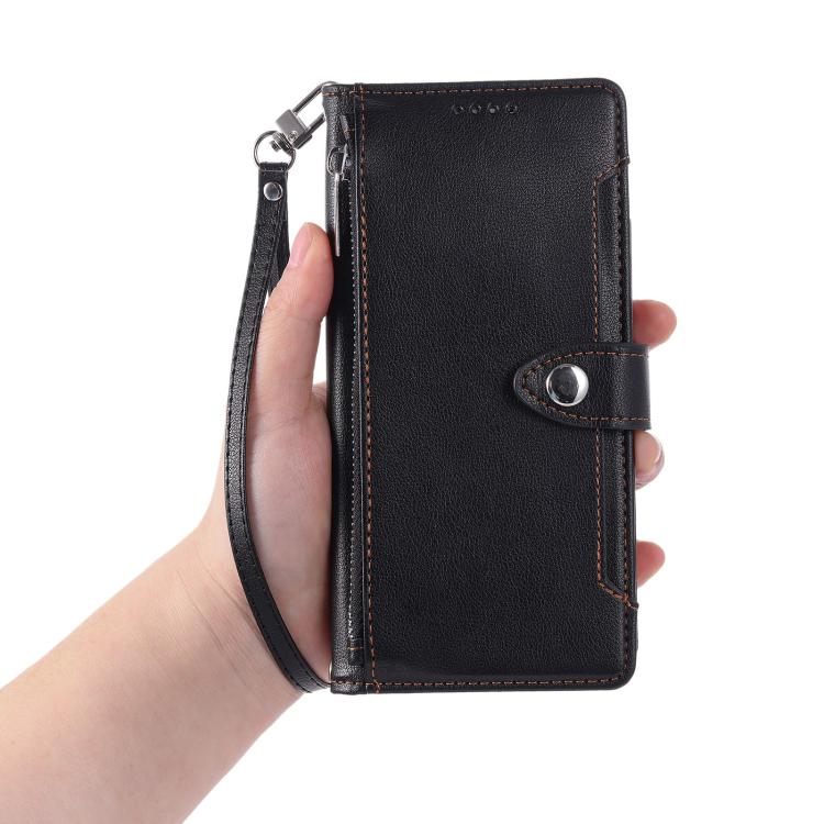 For Google Pixel 9a Litchi Texture Zipper Wallet Buckle Vegan Leather Phone Case with Wrist Strap