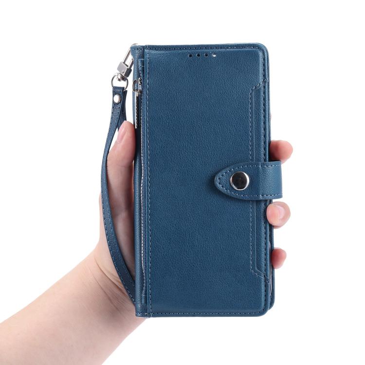 For Google Pixel 9a Litchi Texture Zipper Wallet Buckle Vegan Leather Phone Case with Wrist Strap