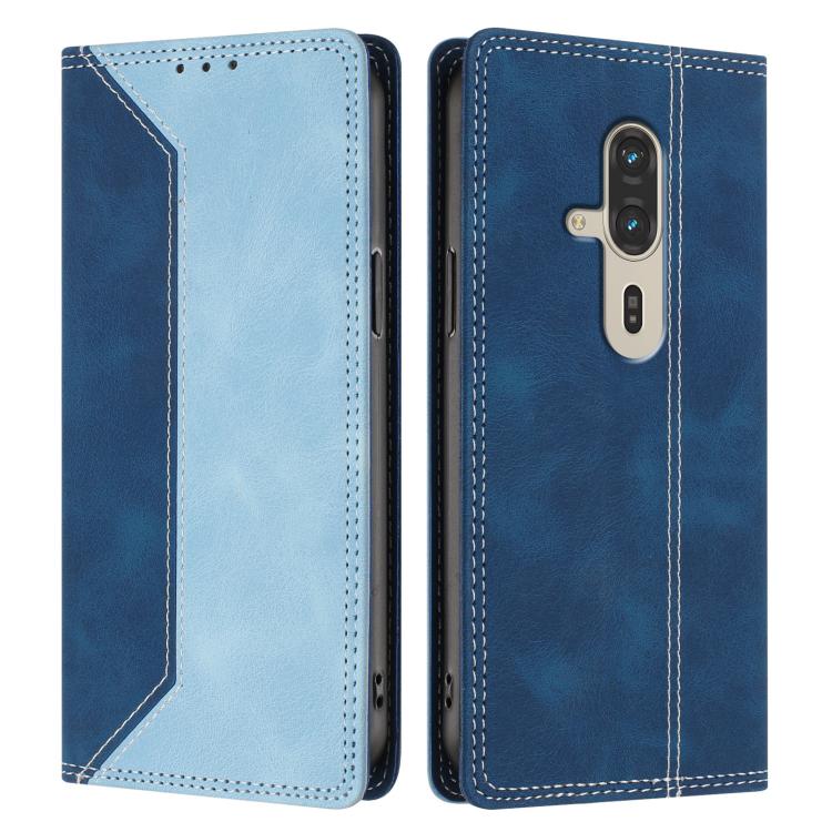 For Fujitsu FCNT RakuRaku F-53E Skin Feel Two-tone RFID Blocking Vegan Leather Phone Case