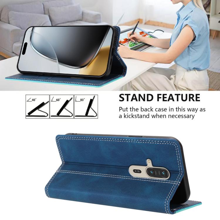 For Fujitsu FCNT RakuRaku F-53E Skin Feel Two-tone RFID Blocking Vegan Leather Phone Case