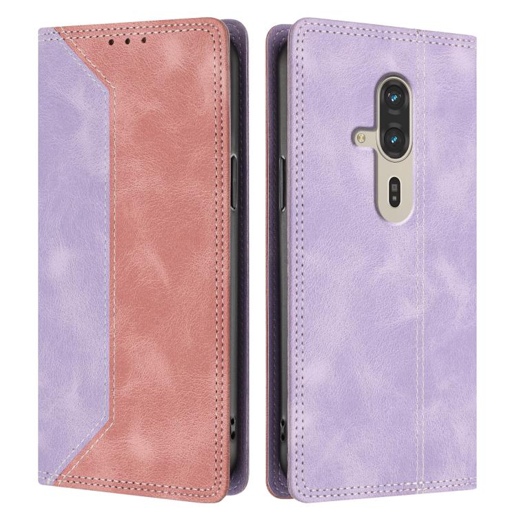 For Fujitsu FCNT RakuRaku F-53E Skin Feel Two-tone RFID Blocking Vegan Leather Phone Case