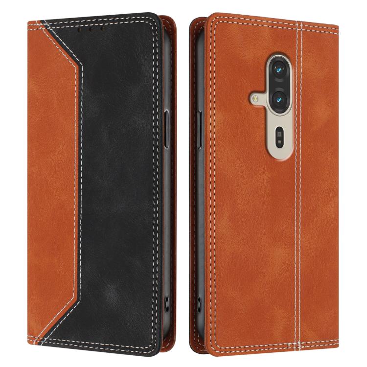 For Fujitsu FCNT RakuRaku F-53E Skin Feel Two-tone RFID Blocking Vegan Leather Phone Case
