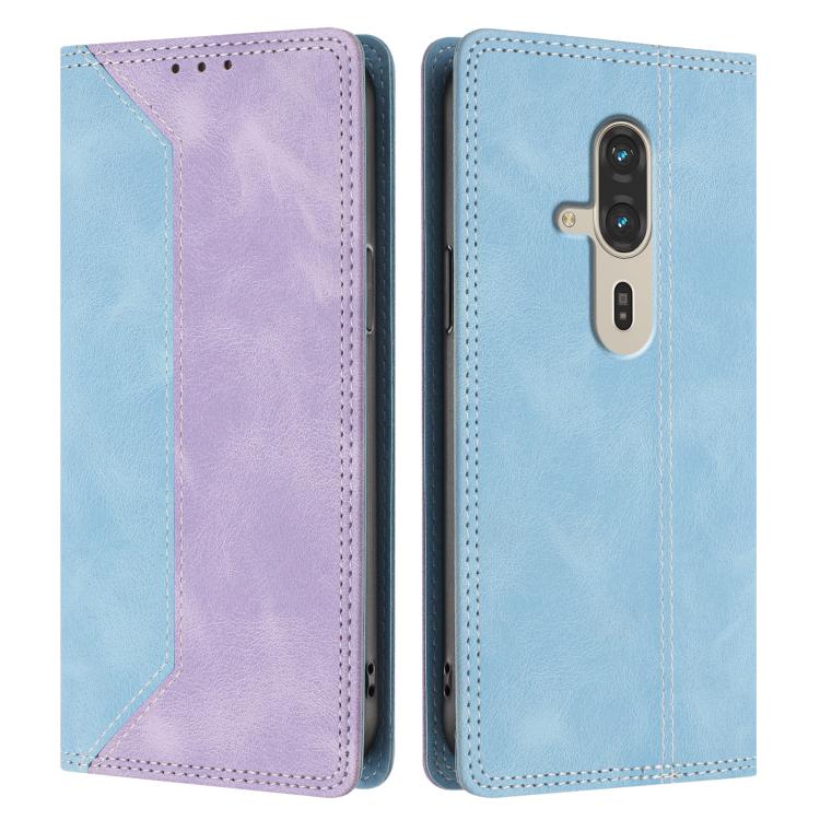 For Fujitsu FCNT RakuRaku F-53E Skin Feel Two-tone RFID Blocking Vegan Leather Phone Case