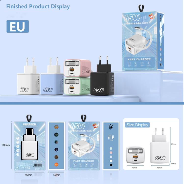 ADC-PD013 Sugar Cube 65W Type-C and USB Dual-port Fast Charger with Type-C Retractable Cable, Plug:EU Plug