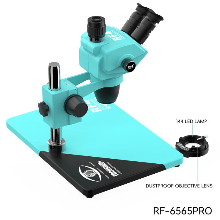 RF4 RF-6565Pro 6.5-65X Synchronous Zoom Trinocular Stereo Microscope with Aluminum Alloy Base - Blue