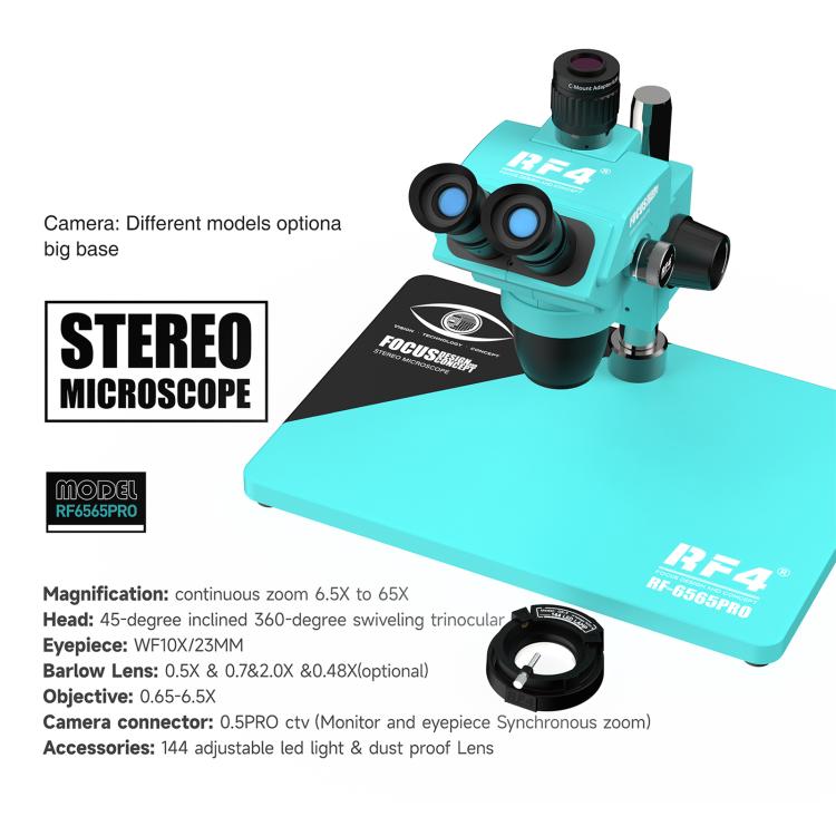 RF4 RF-6565Pro 6.5-65X Synchronous Zoom Trinocular Stereo Microscope with Aluminum Alloy Base - Blue