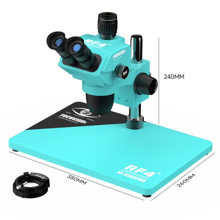 RF4 RF-6565Pro 6.5-65X Synchronous Zoom Trinocular Stereo Microscope with Aluminum Alloy Base - Blue