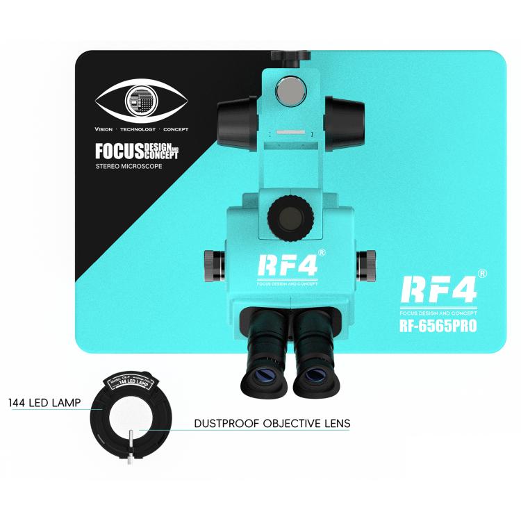 RF4 RF-6565Pro 6.5-65X Synchronous Zoom Trinocular Stereo Microscope with Aluminum Alloy Base - Blue