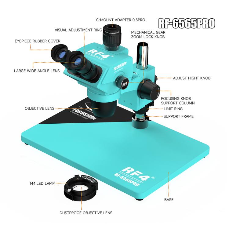RF4 RF-6565Pro 6.5-65X Synchronous Zoom Trinocular Stereo Microscope with Aluminum Alloy Base - Blue
