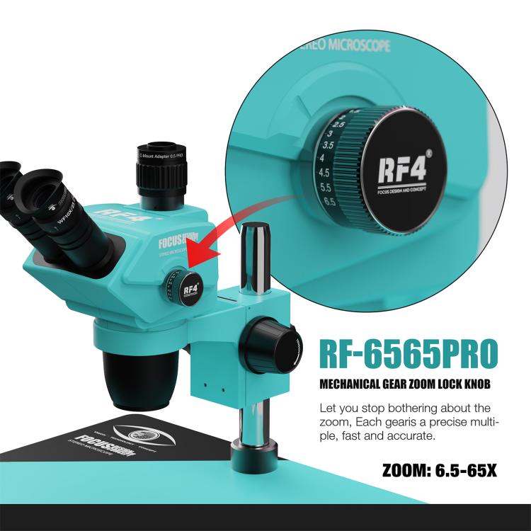RF4 RF-6565Pro 6.5-65X Synchronous Zoom Trinocular Stereo Microscope with Aluminum Alloy Base - Blue
