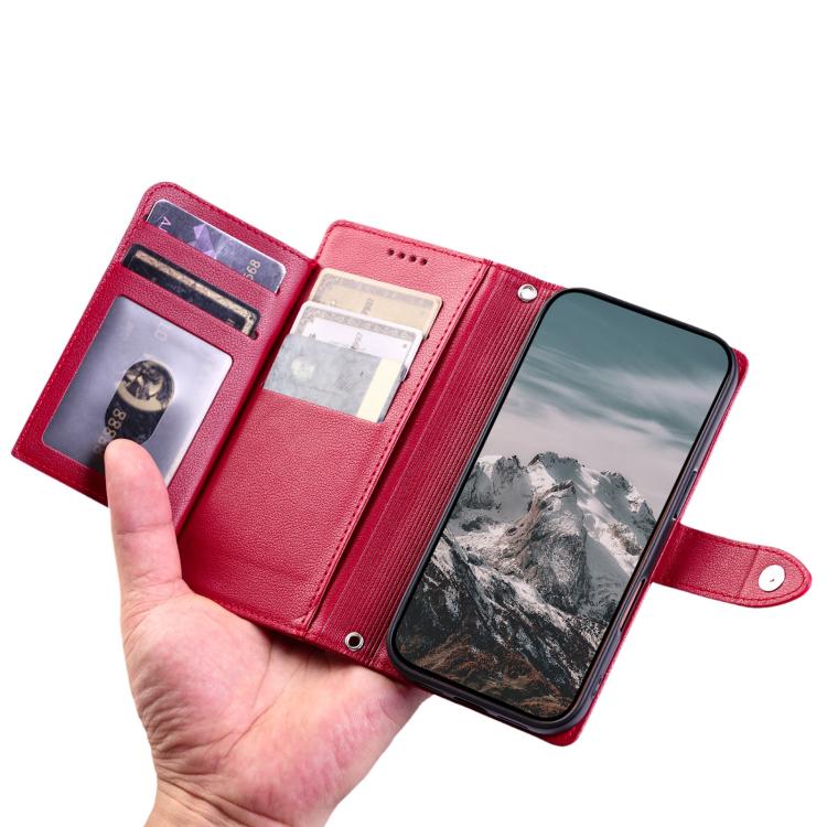 For Redmi 13C 4G / 13C 5G / Poco C65 Litchi Texture Zipper Wallet Buckle Vegan Leather Phone Case with Wrist Strap