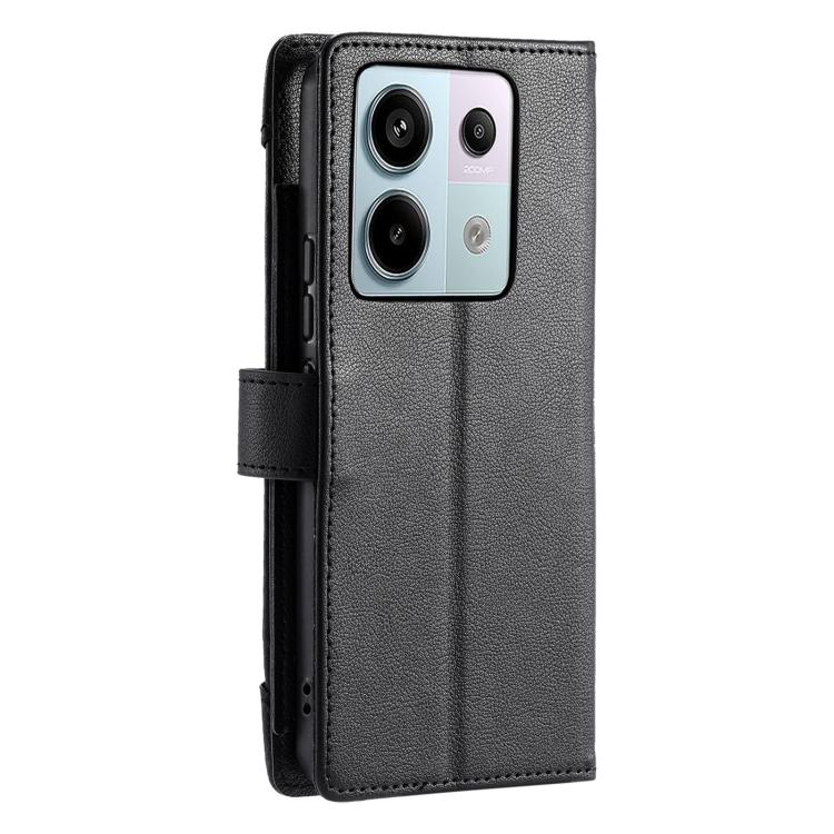 For Redmi Note 14 4G 164.84mm Litchi Texture Zipper Wallet Buckle Vegan Leather Phone Case with Wrist Strap