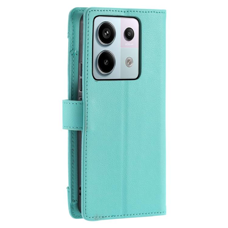 For Redmi Note 14 4G 164.84mm Litchi Texture Zipper Wallet Buckle Vegan Leather Phone Case with Wrist Strap