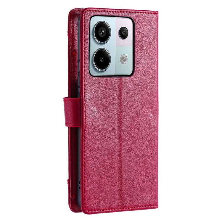 For Redmi Note 14 4G 164.84mm Litchi Texture Zipper Wallet Buckle Vegan Leather Phone Case with Wrist Strap