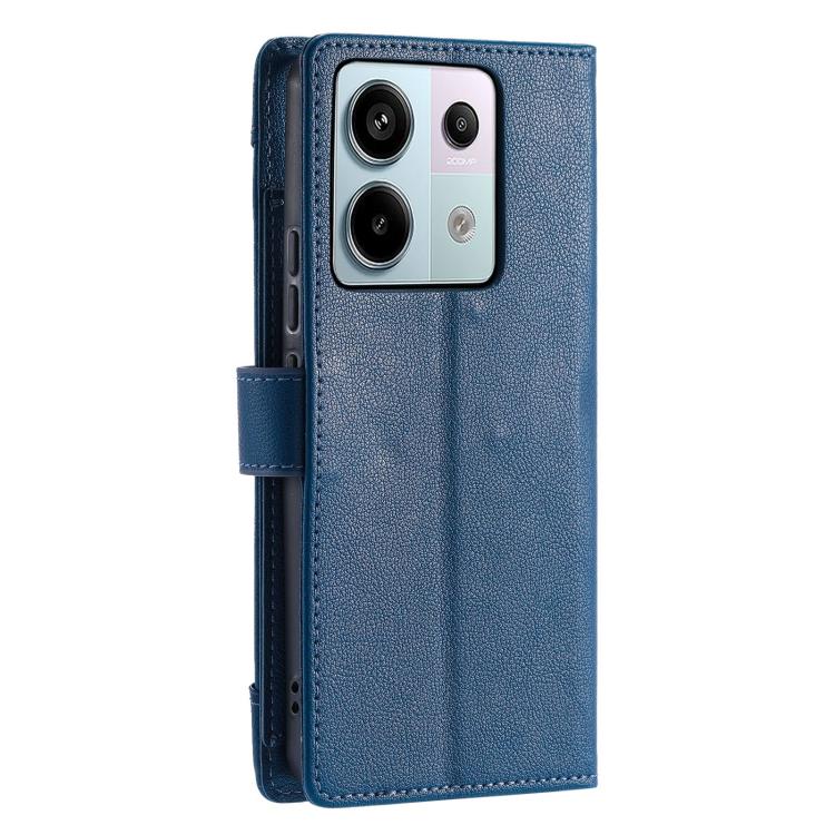 For Redmi Note 14 4G 164.84mm Litchi Texture Zipper Wallet Buckle Vegan Leather Phone Case with Wrist Strap
