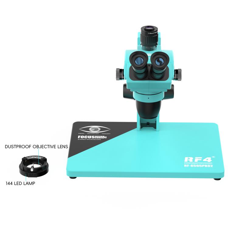 RF4 RF-6565Pro2 6.5-65X Synchronous Zoom Trinocular Stereo Microscope with Focus Lifting Bracket - Blue