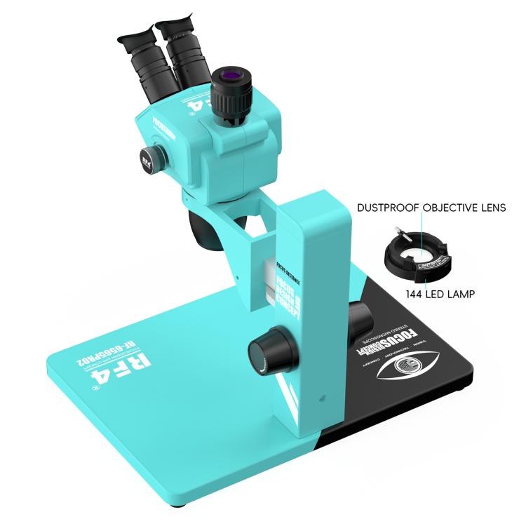 RF4 RF-6565Pro2 6.5-65X Synchronous Zoom Trinocular Stereo Microscope with Focus Lifting Bracket - Blue