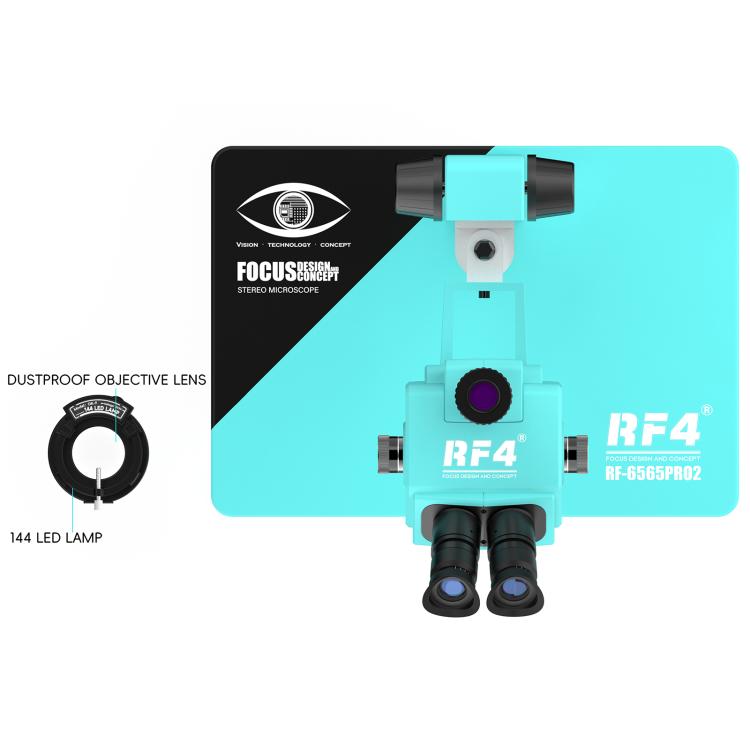 RF4 RF-6565Pro2 6.5-65X Synchronous Zoom Trinocular Stereo Microscope with Focus Lifting Bracket - Blue