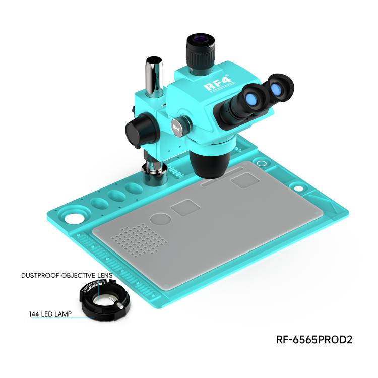 RF4 RF-6565Pro D2 6.5-65X Synchronous Zoom Trinocular Stereo Microscope with RF-D2 Aluminum Alloy Base - Blue