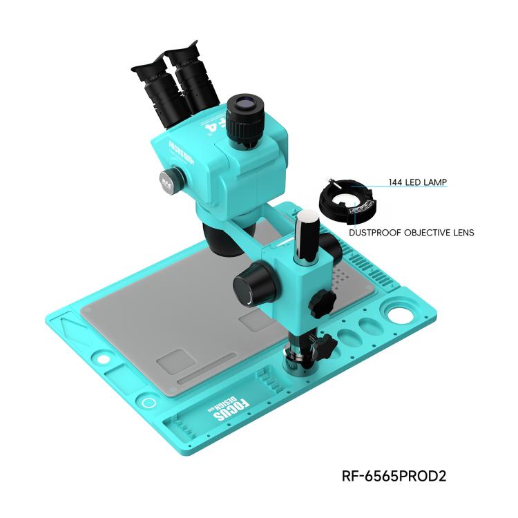 RF4 RF-6565Pro D2 6.5-65X Synchronous Zoom Trinocular Stereo Microscope with RF-D2 Aluminum Alloy Base - Blue