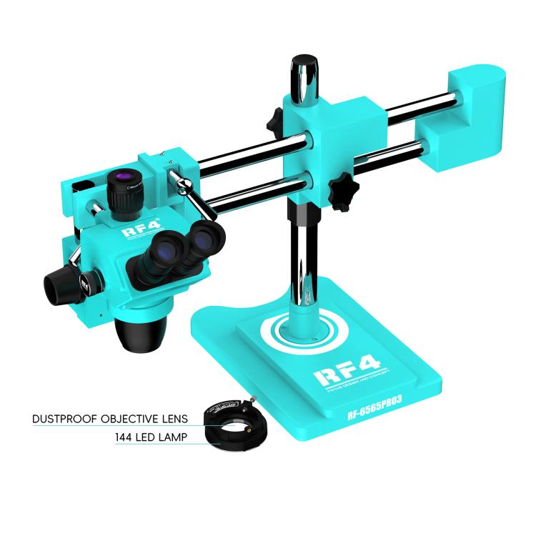 RF4 RF-6565Pro3 6.5-65X Synchronous Zoom Trinocular Stereo Microscope with Double-arm Boom Stand - Blue