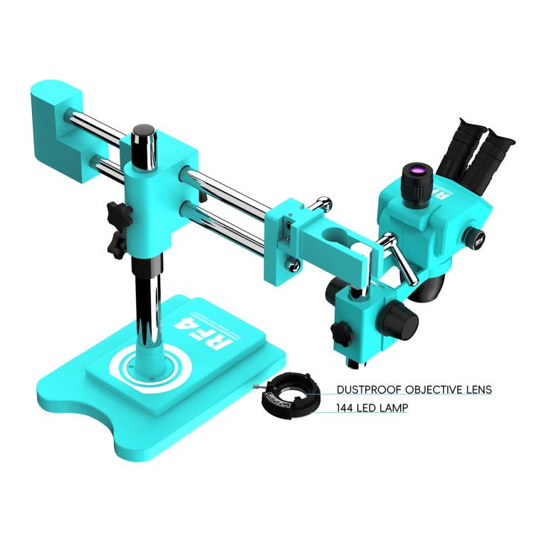 RF4 RF-6565Pro3 6.5-65X Synchronous Zoom Trinocular Stereo Microscope with Double-arm Boom Stand - Blue