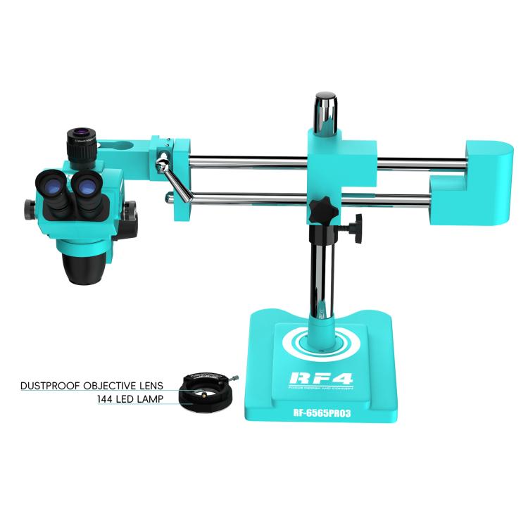RF4 RF-6565Pro3 6.5-65X Synchronous Zoom Trinocular Stereo Microscope with Double-arm Boom Stand - Blue