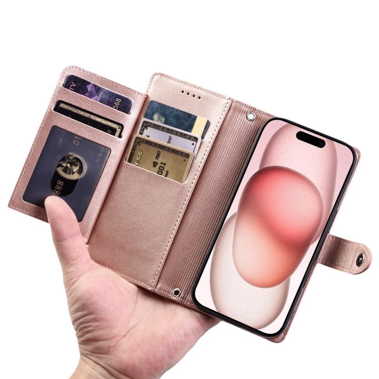 For iPhone 17 Pro Max Litchi Texture Zipper Wallet Buckle Vegan Leather Phone Case with Wrist Strap
