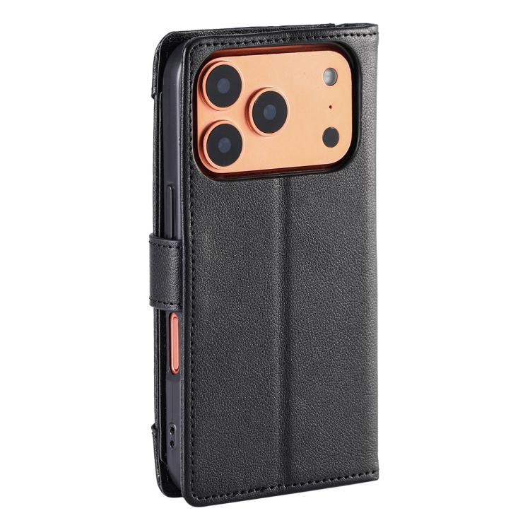 For iPhone 17 Pro Litchi Texture Zipper Wallet Buckle Vegan Leather Phone Case with Wrist Strap